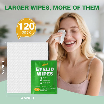 120PCS Tea Tree Oil Eyelid Wipes – Individually Wrapped Eye Lid Cleaning Wipes，Soothing For Sensitive Eyes, Stay Hydrated Lid Wipe