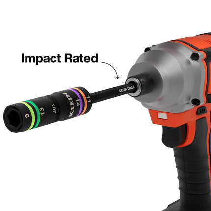 Klein Tools 6512MQS Impact-Rated Quad Socket Set, 4-In-1 Flip Socket Driver, Color-Coded, Heavy-Duty Multi Tool, 1/4-Inch Drive, Metric 9mm, 11mm, 13mm, 14mm, 6-1/2-Inch Extension Shaft