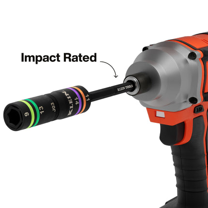 Klein Tools 6512MQS Impact-Rated Quad Socket Set, 4-In-1 Flip Socket Driver, Color-Coded, Heavy-Duty Multi Tool, 1/4-Inch Drive, Metric 9mm, 11mm, 13mm, 14mm, 6-1/2-Inch Extension Shaft