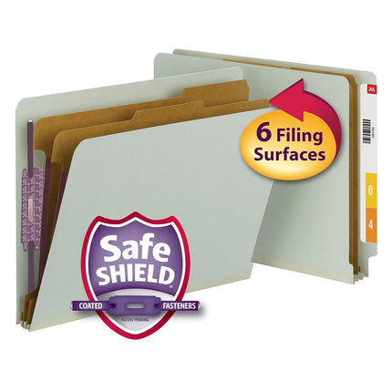 Smead End Tab Classification File Folders with SafeSHIELD Fasteners, Letter Size, Straight Cut, 2 Dividers, Gray/Green, 10 Per Box (26810)