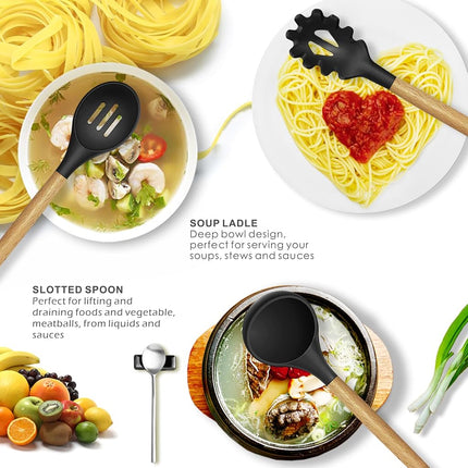 Silicone Cooking Utensils Set - 446°F Heat Resistant Silicone Kitchen Utensils for Cooking,Kitchen Utensil Spatula Set w Wooden Handles and Holder, Gadgets for Non-Stick Cookware BPA Free (Black)