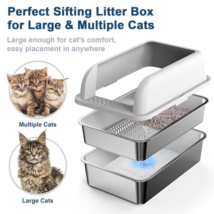 Stainless Steel Closed Litter Tray with Lid, XL Pine Pellet Sieve, Metal Litter System with High Sides for Big Cats, Leak-Proof, Easy Cleaning, Less Tracking