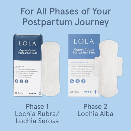LOLA Organic Cotton Postpartum Pads - Max Absorbency Pads for Postpartum Bleeding - Extra-Long Overnight Liners for Women - Hospital Bag Essentials - 32 Count, Unscented