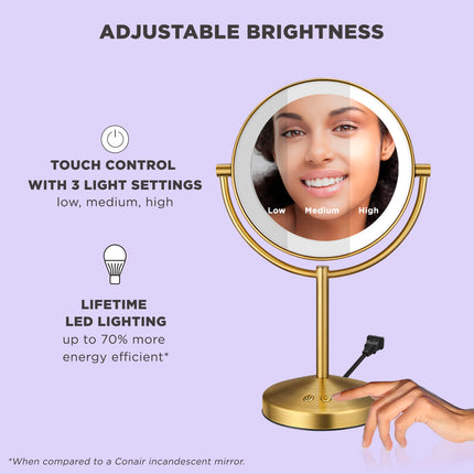 Miroir de maquillage éclairant Conair, Miroir de courtoisie LED double face avec grossissement 1X/10X, 3 réglages d'éclairage, 3 modes, rotation à 360°, finition laiton brossé