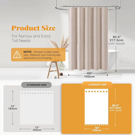 BTTN 60 x 84 Boho Linen Heavy Duty Cloth Shower Curtain Set, Tan/Taupe