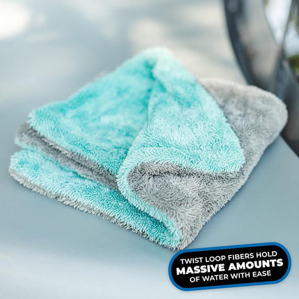 The Rag Company - The Liquid8r - Absorbent 70/30 Blend Microfiber Drying Towel for Cars, Trucks, SUVs, Safe for Detailing + Scratch Free, Twist Loop, 1100gsm, 16in x 16in, Aqua Blue/Grey (2-Pack)