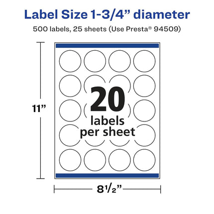 Avery Glossy Clear Round Labels with Sure Feed, 1.75" Diameter, 500 Glossy Clear Labels, Print-to-The-Edge, Laser/Inkjet Printable Labels
