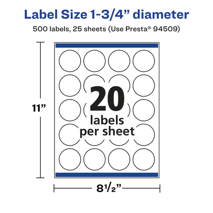 Avery Glossy Clear Round Labels with Sure Feed, 1.75" Diameter, 500 Glossy Clear Labels, Print-to-The-Edge, Laser/Inkjet Printable Labels