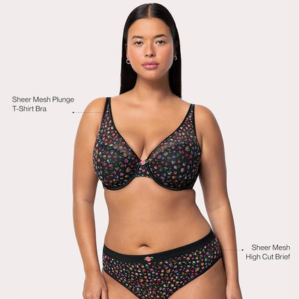 Curvy Couture Women's Sexy Sheer Mesh Plus Size Plunge T Shirt Bra, Black Hue, 34F