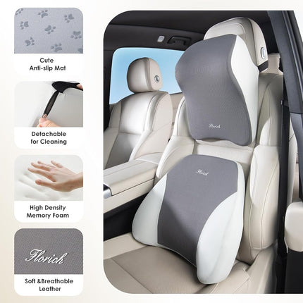 FLORICH Lumbar Support and Car Neck Pillow, Back Support and Headrest Pillow for Car Seat Driver, Memory Foam Back Neck Support Pillow and Car Seat Lumbar Support for Car Office Chair - Gray