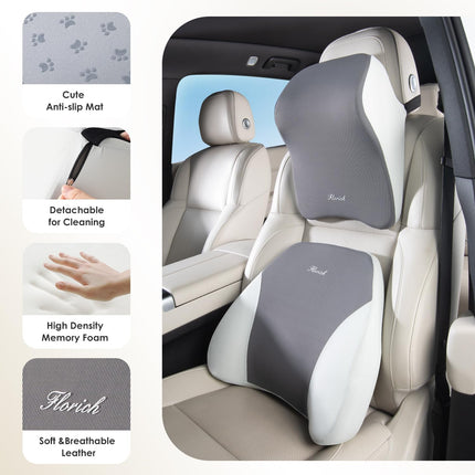 FLORICH Lumbar Support and Car Neck Pillow, Back Support and Headrest Pillow for Car Seat Driver, Memory Foam Back Neck Support Pillow and Car Seat Lumbar Support for Car Office Chair - Gray