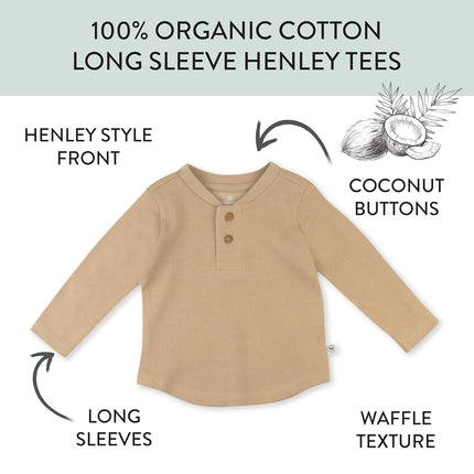 HonestBaby 5-pack Waffle Henley Long Sleeve Shirts 100% Organic Cotton for Infant Baby and Toddler Boys, Unisex, Sandstorm, 0-3 Months