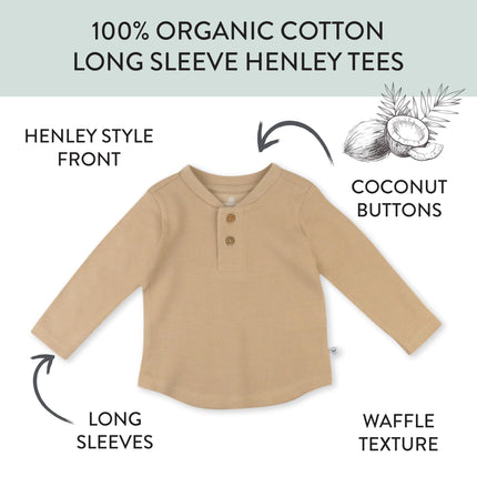 HonestBaby 5-pack Waffle Henley Long Sleeve Shirts 100% Organic Cotton for Infant Baby and Toddler Boys, Unisex, Sandstorm, 0-3 Months