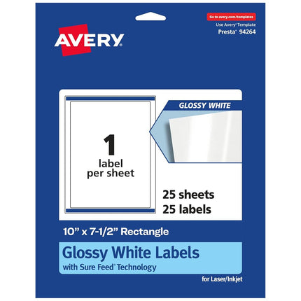 Avery Glossy White Rectangle Labels with Sure Feed, 10" x 7.5", 25 Glossy White Labels, Permanent Label Adhesive, Laser/Inkjet Printable Labels