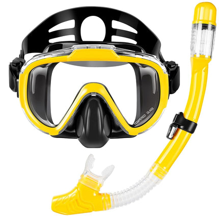 Snorkel Set, Dry Top Snorkeling Gear for Adults, Panoramic Anti-Leak and Anti-Fog Tempered Glass Lens, Adults Adjustable Snorkeling Set, Scuba Diving Swimming Training Snorkel Kit with Mesh Bag