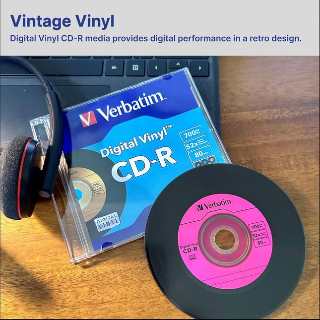 Verbatim CD-R Blank Discs 700MB 80min 52X Recordable Disc for Data and Music with Digital Vinyl Surface - 10pk Slim Case Blue/Green/Orange/Pink/Purple