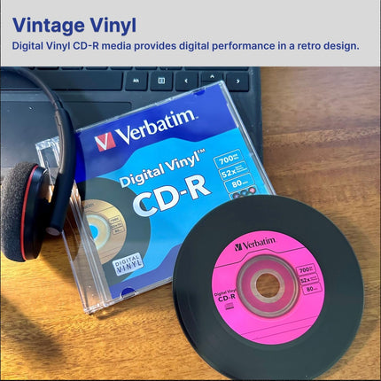 Disques CD-R vierges Verbatim 700 Mo 80 min 52x inscriptibles pour données et musique avec surface vinyle numérique - Pack de 50 (spindle) bleu/vert/orange/rose/violet