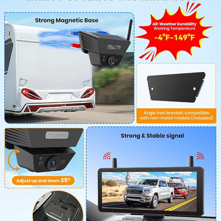AUTO-VOX Wireless Backup Camera Solar Magnetic, 7.2" DVR 1080P Monitor