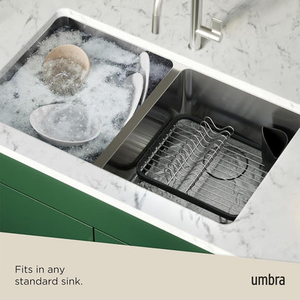 Umbra Sinkin Dish Drying Rack – Drainer Caddy with Removable Cutlery Holder – Use in Sink or On Counter, Standard, Black/Nickel