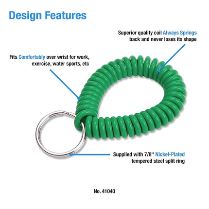 Lucky Line 2” Diameter Spiral Wrist Coil with Steel Key Ring, Flexible Wrist Band Key Chain Bracelet, Stretches to 12”, Green 10 PK (41040)