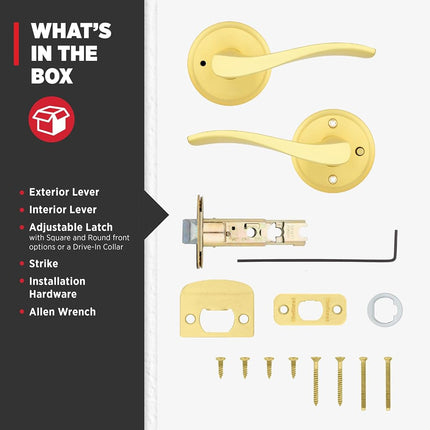 Kwikset Sedona Interior Privacy Door Handle with Lock, Door Lever for Bathroom and Bedroom, Satin Brass Reversible Keyless Push Button Lock Door Lever, with Microban Protection