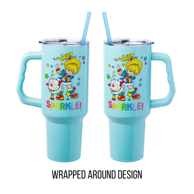 Vaso de acero inoxidable Silver Buffalo Rainbow Brite y Twink Sparkle con asa y popote, cabe en portavasos estándar, 40 onzas