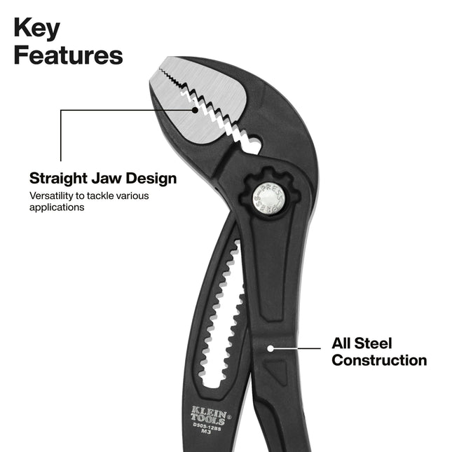 Klein Tools D50512BS 12-Inch Straight Jaw Quick-Adjust Pump Pliers, Adjustable Pliers, Heavy-Duty Hand Tool with Serrated Teeth