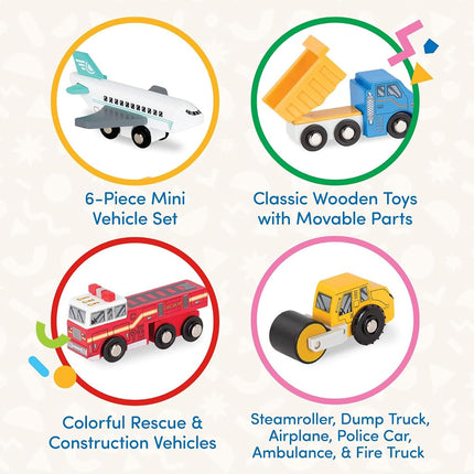Battat Wooden Toy Cars, 6 Mini Rescue and Construction Vehicles, Set 2