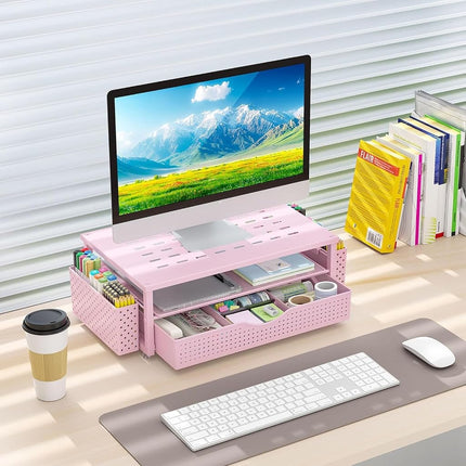 gianotter Monitor Stand with Drawer and Pen Holder, Desk Organizers and Accessories, 2-Tier Monitor Riser, Ideal for Office Supplies Desk Accessories(Pink), D-3-2