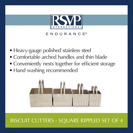RSVP Endurance Square Biscuit Cutters, Rippled, Set of 4