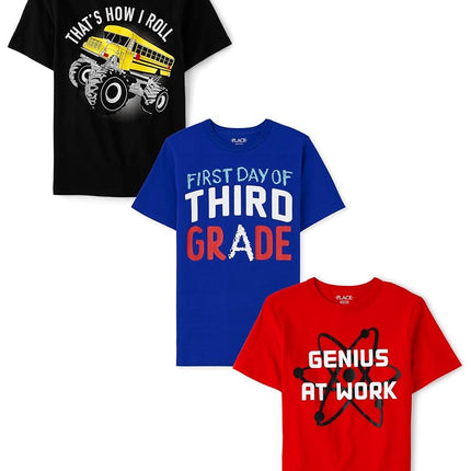 The Children's Place Camisetas gráficas de manga corta para niños School Days, paquete múltiple, How I Roll/1er día de 3er grado/Genius, XXG