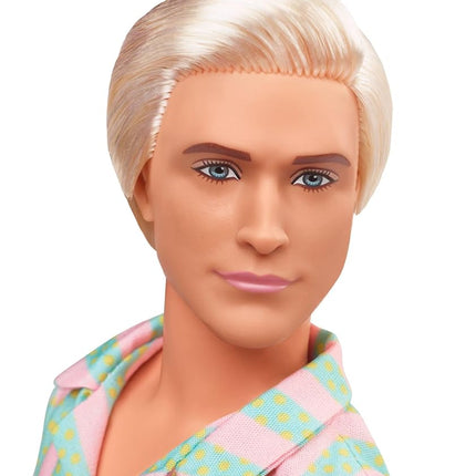 Barbie The Movie Ken Doll Wearing Pastel Pink and Green Striped Beach Matching Set with Surfboard and White Sneakers, JBJ54