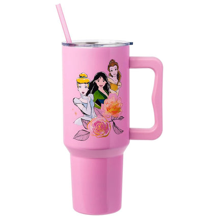 Silver Buffalo Disney Princess Featuring Cinderella, Mulan, Belle, Ariel, Tiana, and Jasmine Double Walled Stainless Steel Tumbler with Handle and Straw, Fits in Standard Cup Holder, 40 Ounces