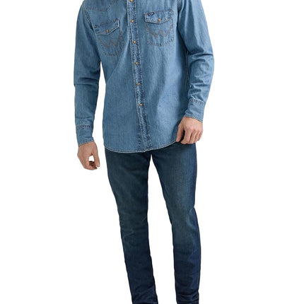 Wrangler Men's Denim Collection Snap Shirt, Light Wash Denim, Large