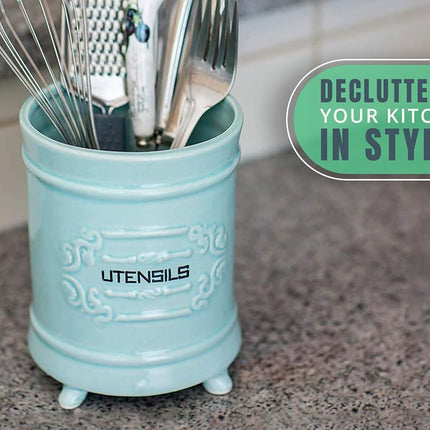 French Blue Ceramic Utensil Holder - Vintage Style Kitchen Utensil Caddy - Antique Design Cooking Utensil Organizer - Rustic French Country Utensil Crock for Cooking Enthuziast