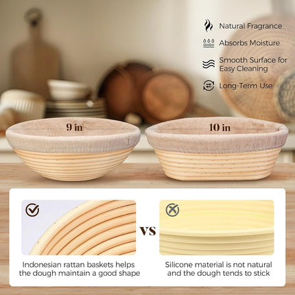 Ensemble de 2 paniers à pâte levée artisanale – Kit de paniers banneton avec rond de 23 cm et ovale de 25 cm, 6 accessoires pour la cuisson du pain