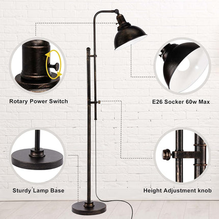 Lampadaire industriel réglable PARTPHONER, lampe de lecture rustique de style ferme à finition noire vieillie, lampadaire moderne avec télécommande et abat-jour en métal pour salon, chambre, bureau, hôtel