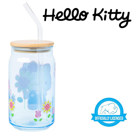 Vaso de vidrio Silver Buffalo Sanrio Hello Kitty Floral con tapa de bambú y popote de vidrio, 473 ml