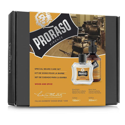 Proraso Beard Care Kit for Men | Beard Wash & Beard Balm to Cleanse, Soften and Reduce Itch for New or Short Beards | Wood & Spice Fragrance