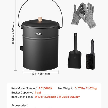 VEVOR Ash Bucket, 4 PCS with Lid, Shovel, Broom and Gloves, Metal Fireplace Charcoal Bucket and Ash Can, 15L Large Capacity for Fireplace, Fire Pits, Wood Burning Stoves, Indoor and Outdoor
