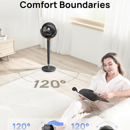 Dreo Fan for Bedroom, 120� Oscillating Standing Fans, Quiet Floor Fan with DC Motor, 100ft Pedestal Fans for Room, 9 Speeds, 4 modes, 20dB, 120� Manual Vertical, 37-42" Adjustable Height, 9H Timer