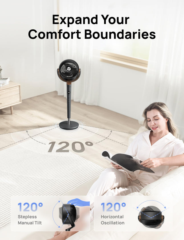 Ventilateur sur pied Dreo pour chambre à coucher, oscillation à 120°, silencieux avec moteur DC, portée de 30 mètres, 9 vitesses, 4 modes, 20 dB, inclinaison verticale manuelle à 120°, hauteur réglable de 94 à 107 cm, minuterie de 9 heures