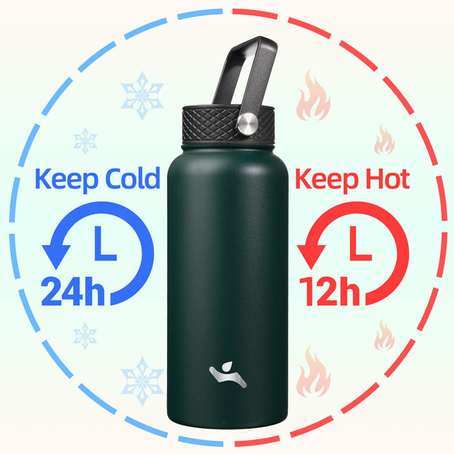 Konokyo Insulated Water Bottle with Straw,32oz 3 Lids Metal Bottles Stainless Steel Water Flask,Army Green