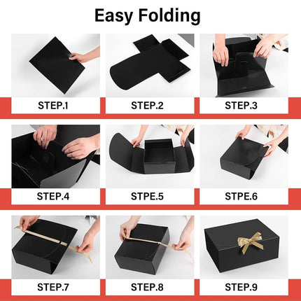 PEKGRIL 15 PCs Gift Boxes with Lids, Black 10X8X4 Inch Gift Boxes, Bridesmaid Proposal Box with Ribbon, Kraft Paper Boxes for Wedding, Packaging, Present, Birthday, Christmas, Party