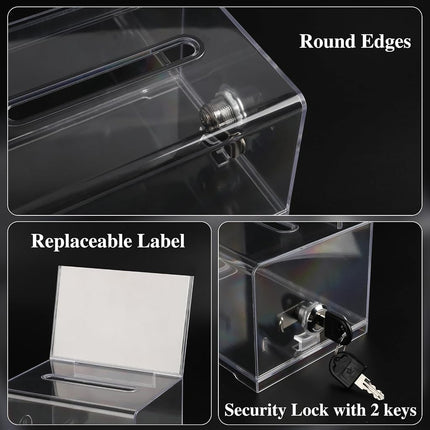 VOISEN Clear Donation Box with Lock,3 Pack Tip Jarwith Sign Holder