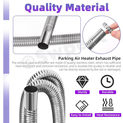 Swpeet 3Pcs 1" x 79" - 25mm x 200cm Stainless Steel Diesel Heater Exhaust Pipe with 18mm-29mm Hose Clamps Kit, Fuel Tank Air Heater Diesel Gas Vent Hose Exhaust Tubing for Car Vehicle