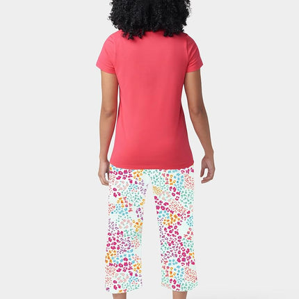 HUE Printed Knit Short Sleeve Tee and Capri 2 Piece Pajama Set Sleepwear, Dubarry - Fruity Floral Animal, S
