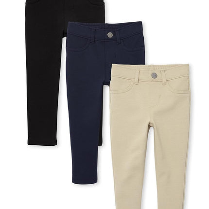 The Children's Place Jeggings en maille Ponte à enfiler pour bébés et tout-petits, Noir/Sable/Bleu vif, lot de 3, 5T