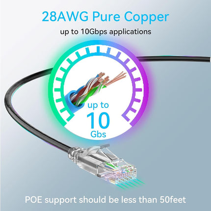 Cat6a Ethernet Cable Slim 150ft Outdoor&Indoor, 28AWG Pure Copper Cat6 Internet Cable for Waterproof & Direct Burial, Flexible Cat6 Ethernet Cable 10G 550MHZ, Cat 6 Network cable for Indoor Black