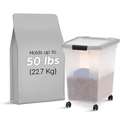 IRIS USA 50 Lbs/65 Qt WeatherPro Airtight Pet Food Storage Container with Removable Casters, Clear/Gray